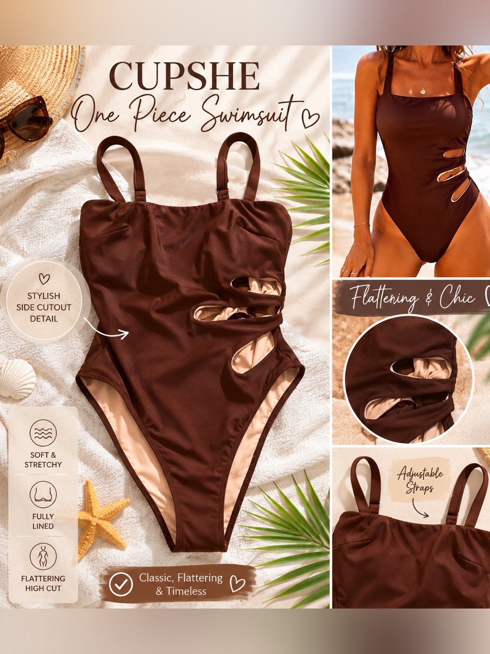 Cupshe Brown One Piece with Decorative Front
